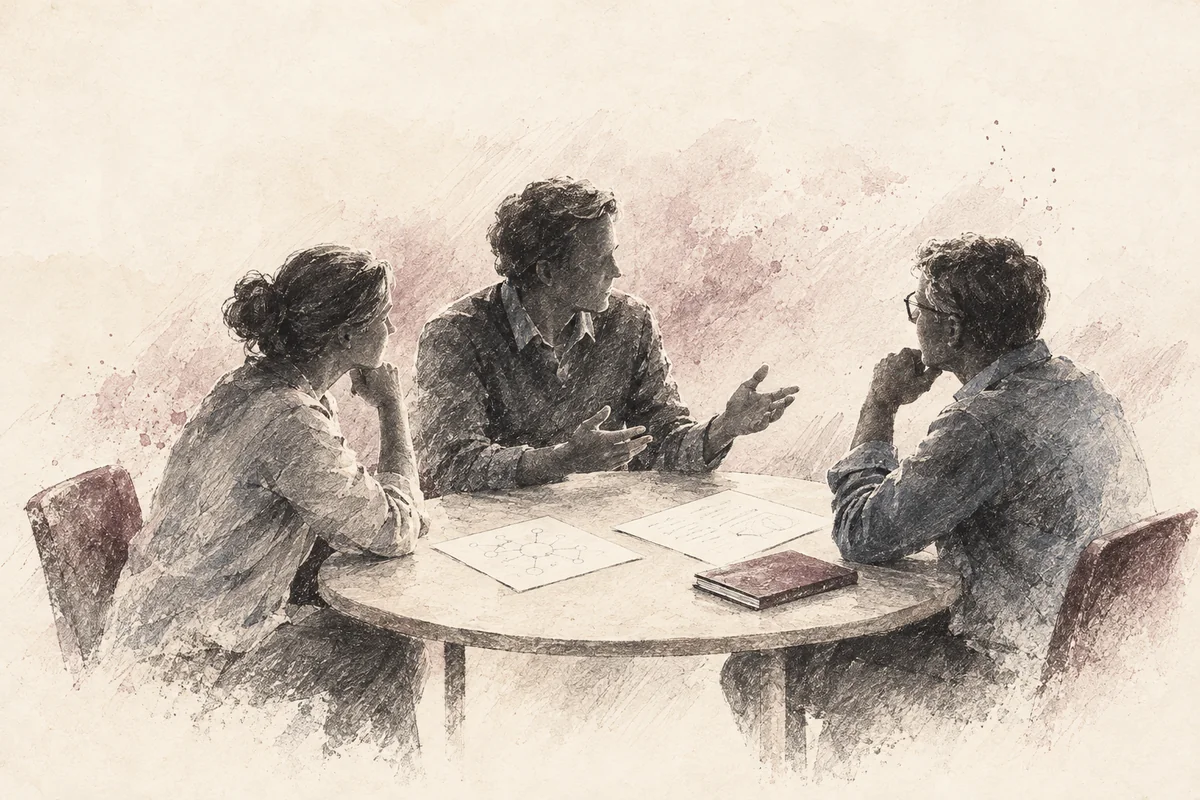 Three senior researchers in discussion, in watercolour.